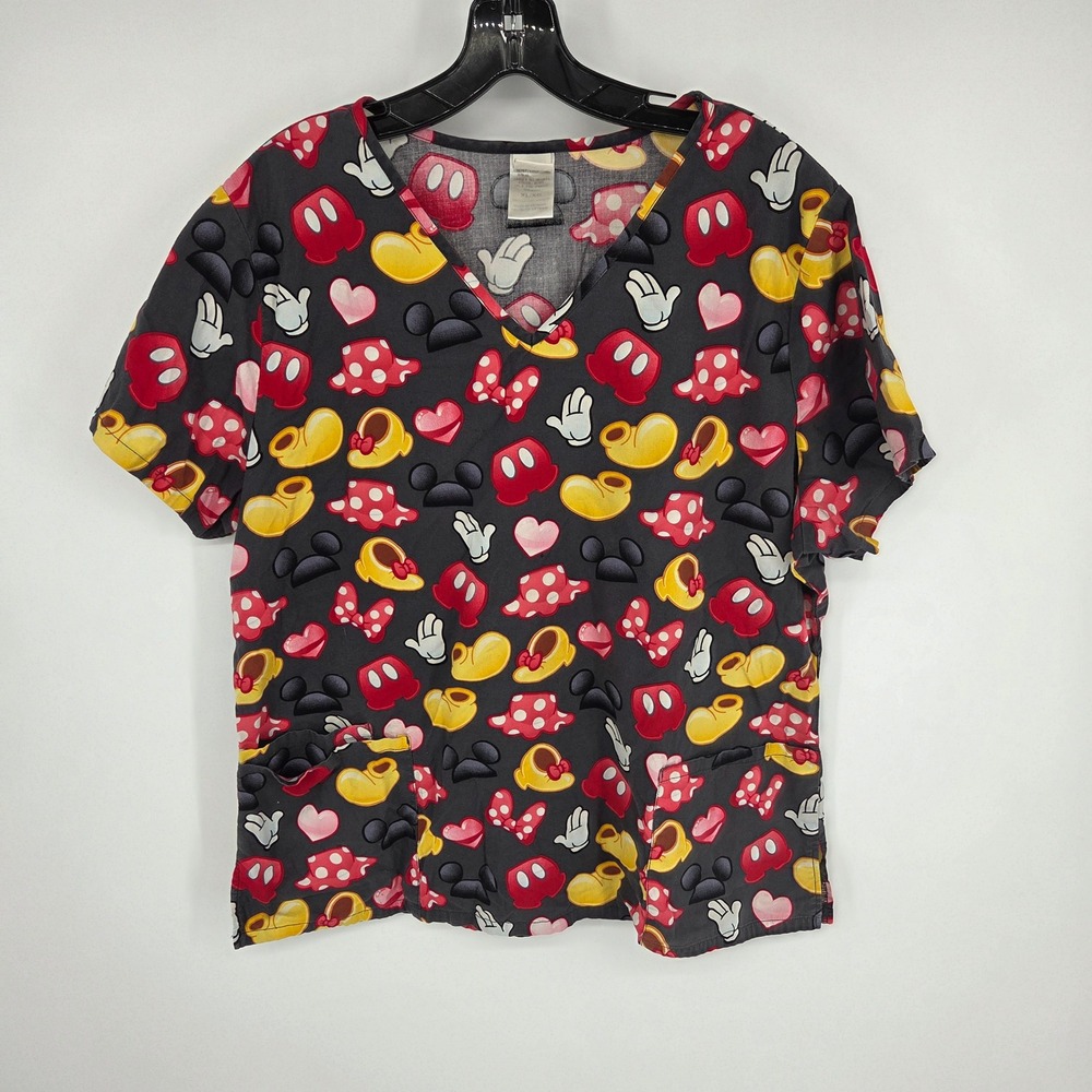 Disney Mickey Minnie Mouse Scrub Top XL Black Red V-Neck Medical Uniform Pockets